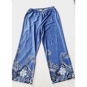 MELISSA PAGE Women's Size XL Wide Leg Pants Blue Denim Pint Floral